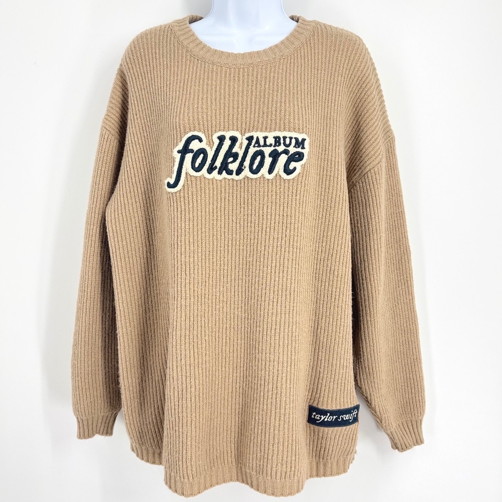 Official Taylor Swift Folklore Album Sweater Women S Tan Ribbed‎ Chenille Patch